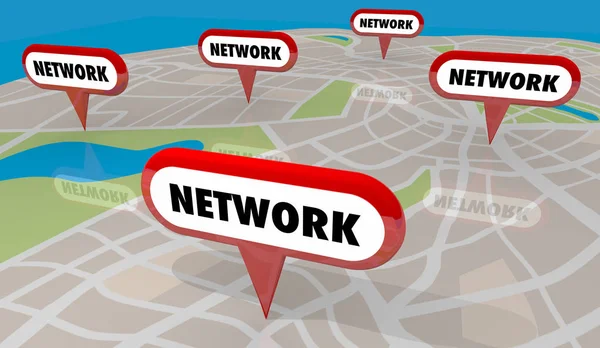 Conexões Rede Meetups Reuniões Mapa Pinos Ilustração — Fotografia de Stock