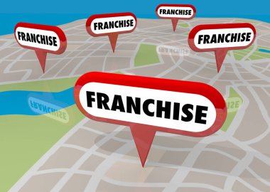 Franchise yeni iş genişleme konumları harita iğne 3d çizim