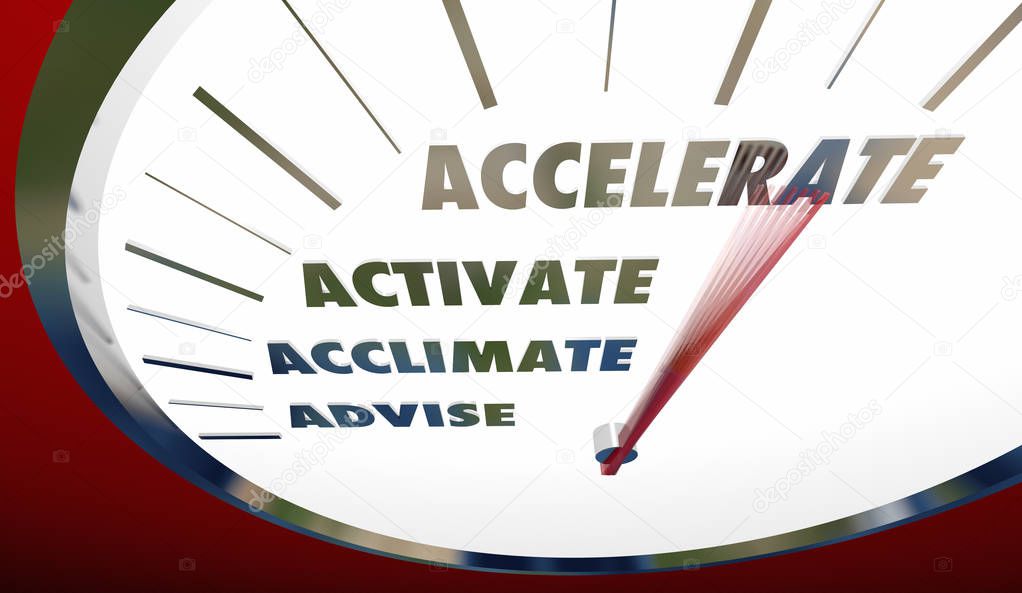 Advise Acclimate Activate Accelerate Sales Steps Speedometer 3d Illustration