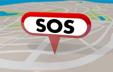 Sos sinyali bizi kurtarmaya Resue acil harita Pin 3d çizim