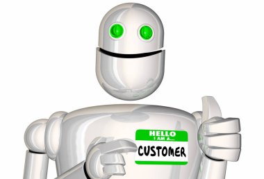Müşteri Robot Android dijital satış isim etiketini 3d çizim