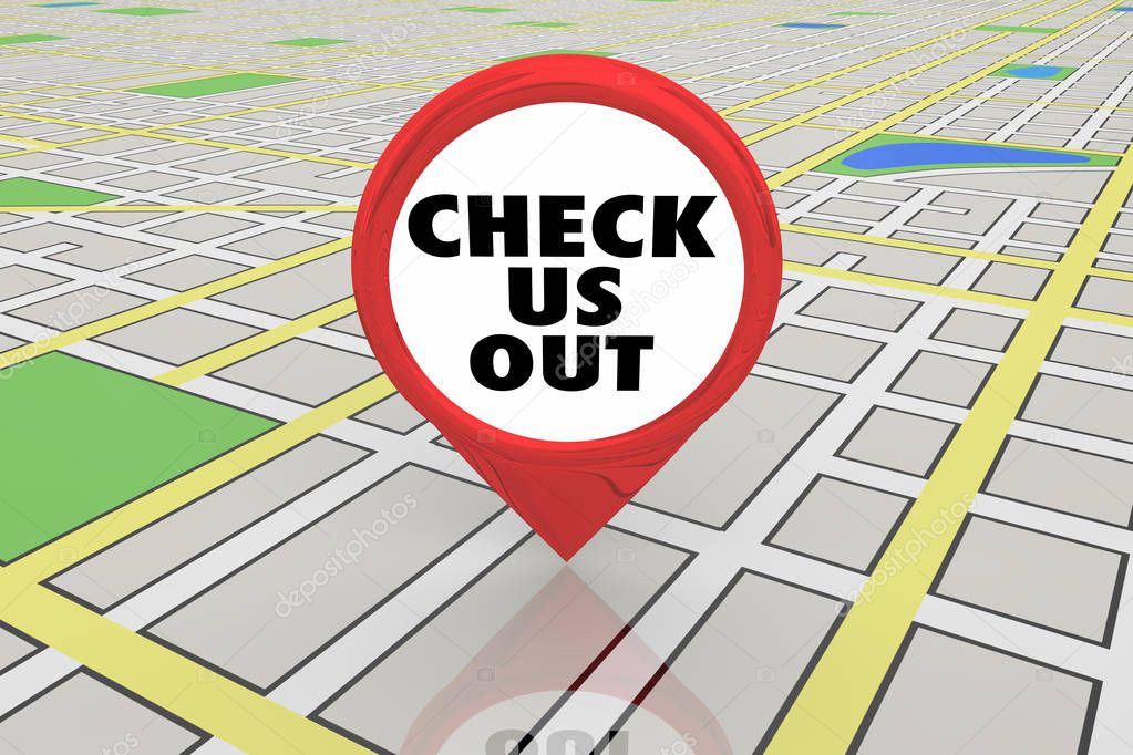 Check Us Out See New Location Spot Map Pin 3d Illustration