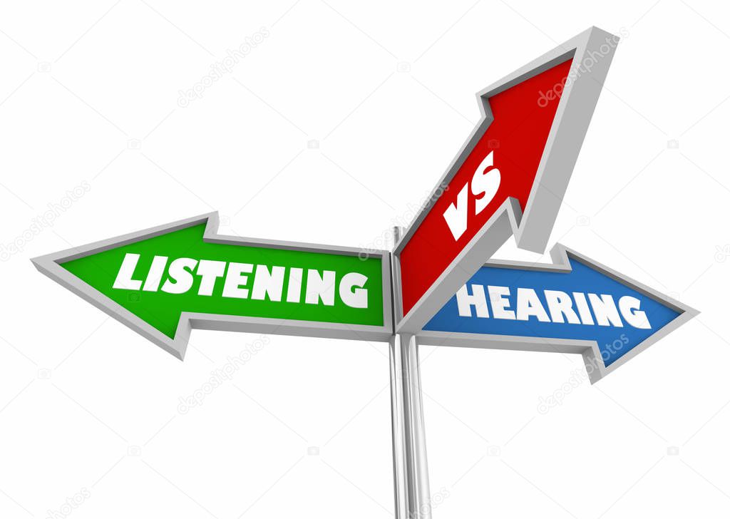 Listening Vs Hearing Three Way Street Signs 3d Illustration