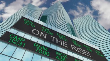 On the Rise Stock Market Ticker Buildings Higher Prices 3d Illustration clipart