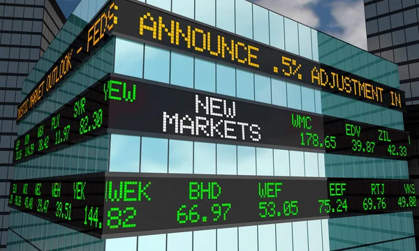 Novos Mercados Stock Words Ticker Wall Street Building Ilustração — Fotografia de Stock