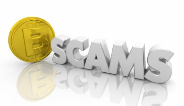 Bitcoin Kripto para çalıntı dolandırıcılık dolandırıcılık kelime 3d çizim