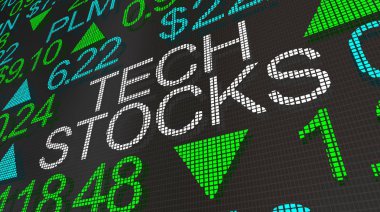 Teknoloji hisse senetleri sıcak büyüme borsa senedi 3d resimde kelimeler