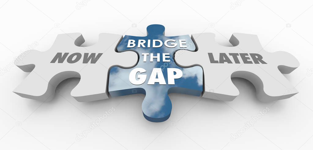 Now Vs Later Bridge the Gap Puzzle Pieces 3d Illustration