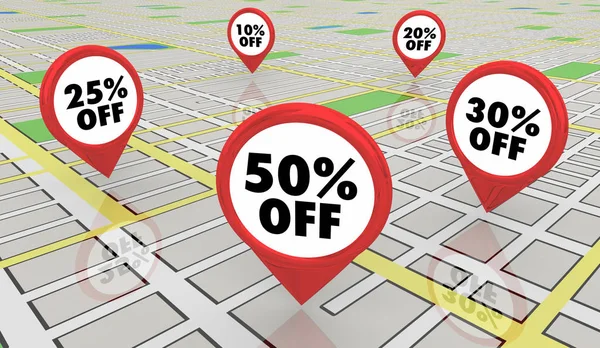 50 por ciento de descuento en venta Mapa de descuento Pins 3d Ilustración —  Fotos de Stock