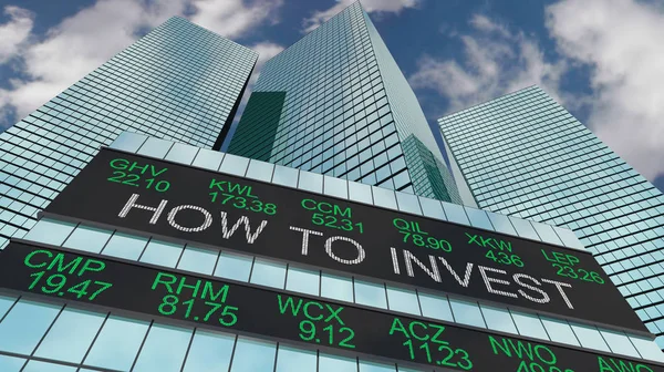 Jak investovat Make Money Stock Ticker budovy 3d ilustrace — Stock fotografie