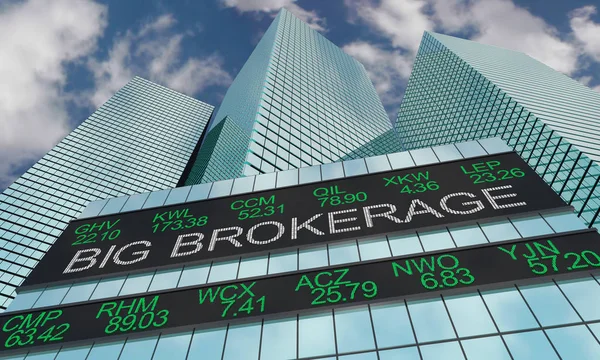 Big Brokerage Trader Фінансова фірма Stock Ticker Buildings 3d Ілюстрація — стокове фото