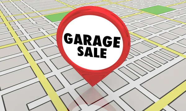 Garaż sprzedaż grzebać dzielnica zdarzenie mapę Pin lokalizacji ilustracja 3d — Zdjęcie stockowe
