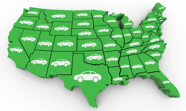 Cars Vehicles Automobile Population USA United States America Map 3d Illustration — Stock Photo, Image