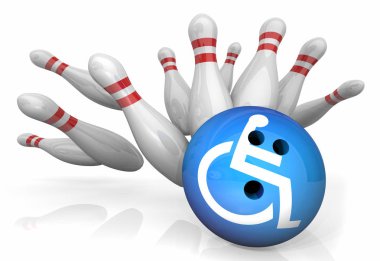 Tekerlekli sandalye Engelli Sembolü Bowling Topu Vuruşu İğnesi 3d İllüstrasyon
