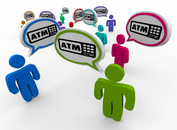 Atm Automated Teller Machine Bank Withdraw People Talking Speech Bubbles — Stock Photo, Image