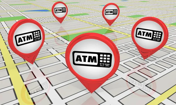 Atm Automatizált Bankjegykiadó Automata Bank Visszavonja Map Pin Ikonok Helyek — Stock Fotó