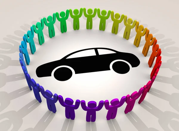Samochód ludzie wokół pojazdu samochodowe grupy różnorodności ilustracja 3D — Zdjęcie stockowe