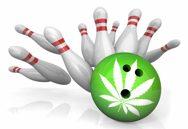 Marijuana Pot Weed Cannabis Bowling Strike Pins Vinci l'illustrazione 3d — Foto Stock