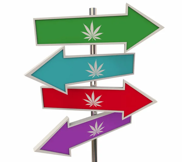 Pot Marijuana Cannabis znaki drogowe strzałki kierunki gdzie kupić 3D ilustracja — Zdjęcie stockowe