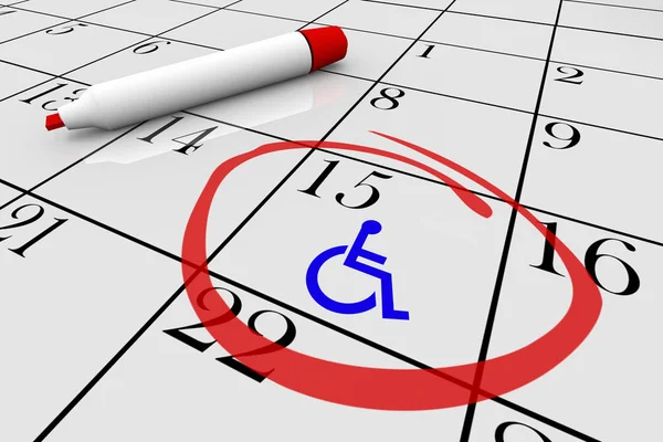 Αναπηρικό αναπηρικό αμαξίδιο Σύμβολο Αναπηρία Ημερολόγιο Ημέρα Πρόγραμμα 3d Illustration.jpg — Φωτογραφία Αρχείου
