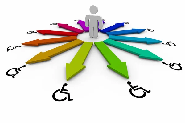 Symbole de personne handicapée en fauteuil roulant Options de choix pour les personnes handicapées Icônes Illustration 3D — Photo