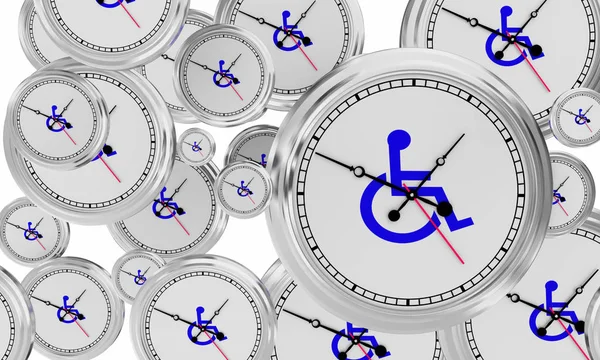 Silla de ruedas Discapacitados Persona Símbolo Discapacidad Relojes Tiempo Volar Ilustración 3d —  Fotos de Stock