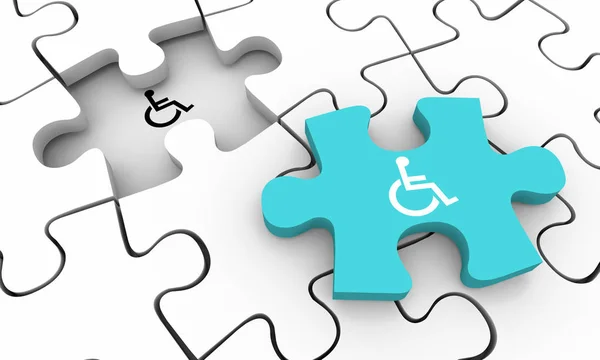 Tekerlekli sandalye Engelli Sembolü Engelli Bulmaca Parçası Çözüm 3d İllüstrasyon — Stok fotoğraf