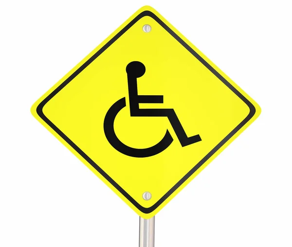 Disabili sedia a rotelle simbolo disabilità giallo avvertimento strada segno 3d illustrazione — Foto Stock