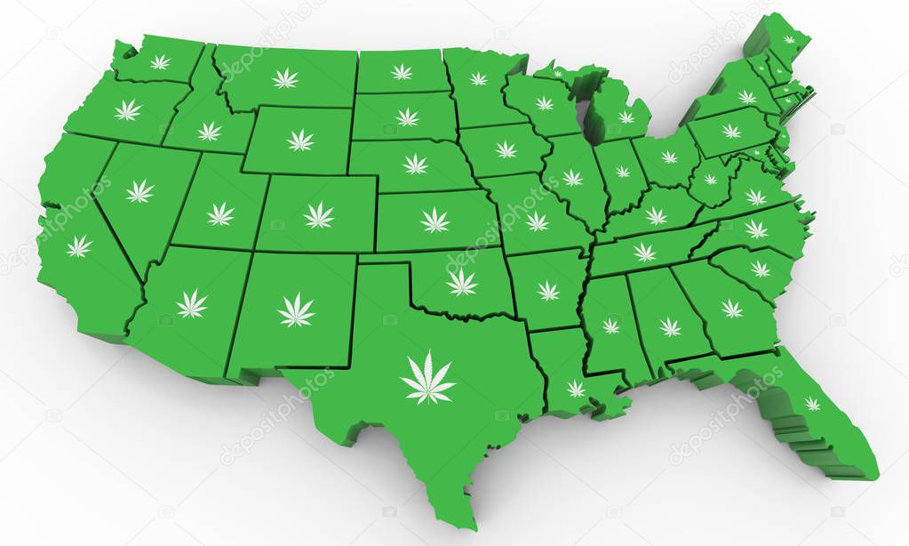 Marijuana Pot Weed Cannabis United States America USA Map 3d Illustration