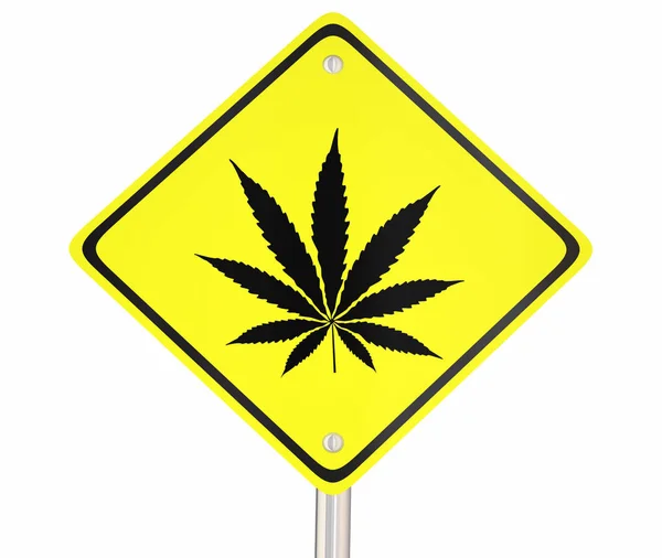 Marihuana pot onkruid cannabis gele weg straat teken waarschuwing 3D illustratie — Stockfoto