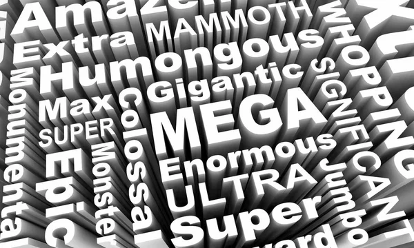 Mega super Ultra ogromne słowo kolaż 3D ilustracja — Zdjęcie stockowe