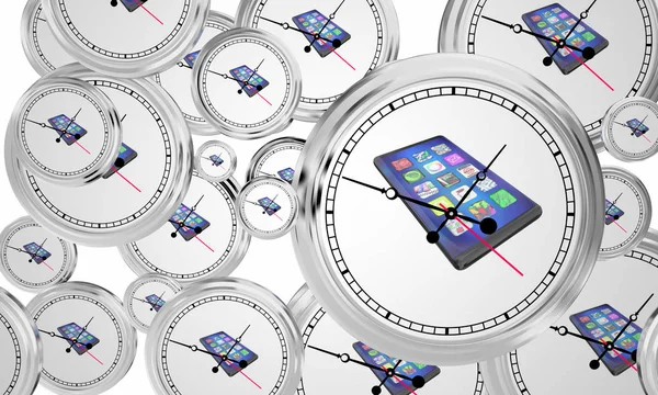 Nieuwe Smart Phone Cell Clock tijd Flying 3D illustratie — Stockfoto