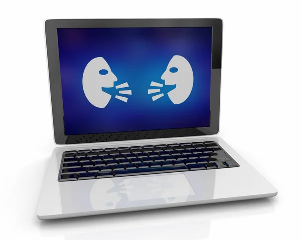 Двоє людей спілкуються обговорення комп'ютерний ноутбук 3d ілюстрація — стокове фото