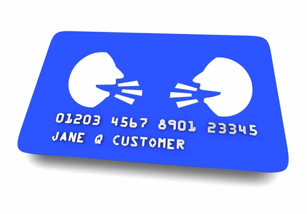 Duas pessoas enfrentam Discussão Falando Comunicação Cartão de Crédito Compra Ilustração 3d — Fotografia de Stock