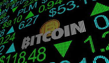 Bitcoin cryptocurrency dijital Blockchain para hisse senedi piyasası Iş şirketi ticaret 3D Illüstrasyon