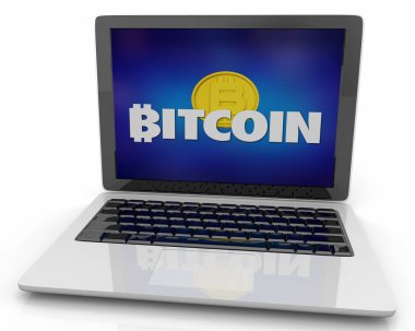 Bitcoin cryptocurrency dijital para bilgisayar laptop website e-ticaret 3D Illüstrasyon