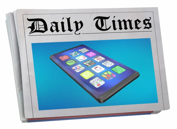 Cell Phone New Smart Device Newspaper Headline Story Update 3d Illustration — Stock Photo, Image