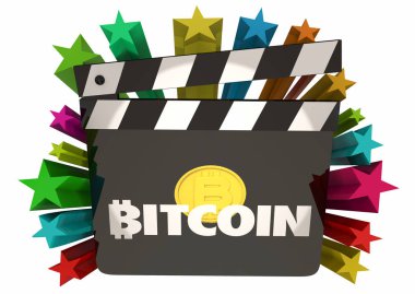 Bitcoin cryptocurrency dijital para film clapboard Clapper Showtime 3D Illüstrasyon