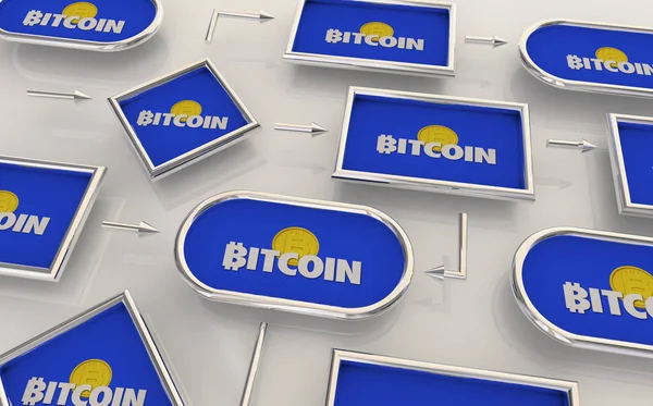 Bitcoin Cryptocurrency digitale Blockchain geld proceskaart systeem 3D illustratie — Stockfoto