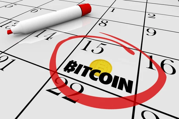 Bitcoin Cryptocurrency digitala pengar kalender dag datum inringad 3D illustration — Stockfoto