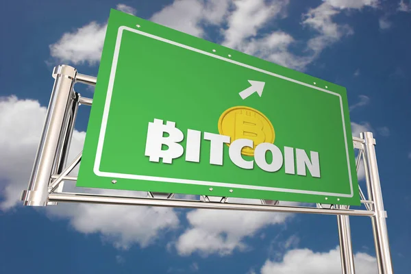 Bitcoin Criptomoneda Dinero Digital Freeway Sign Direcciones Ilustración 3d —  Fotos de Stock