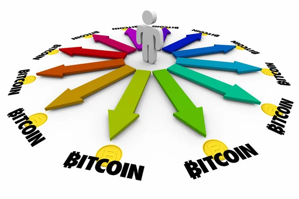 Bitcoin Criptomoeda Dinheiro Digital Pessoa Ajuda Setas Escolhas Ilustração 3d — Fotografia de Stock