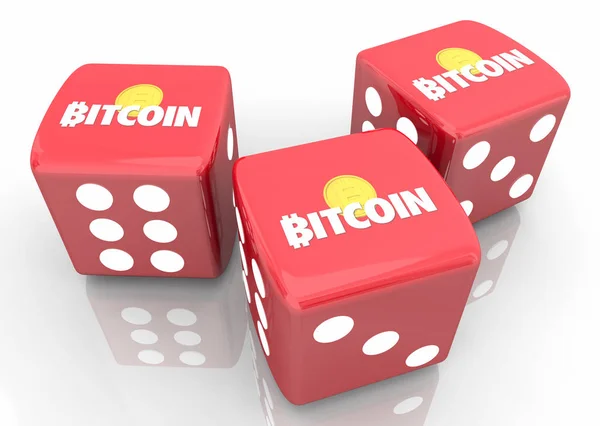Bitcoin κρυπτονομισμάτων ψηφιακό χρήμα roll ζάρια παιχνίδι πάρει ρίσκο στοίχημα 3D εικόνα — Φωτογραφία Αρχείου