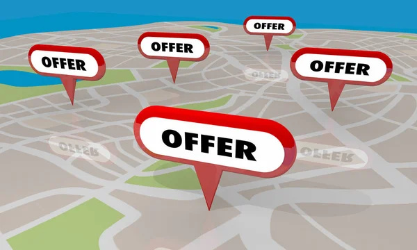Aanbieding speciale deal bod verkoop kaart pinnen locaties 3D illustratie — Stockfoto