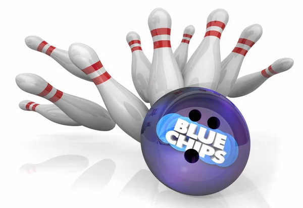 Blå chips Top prioriterade företag mål bowling Ball Strike Pins 3D illustration — Stockfoto