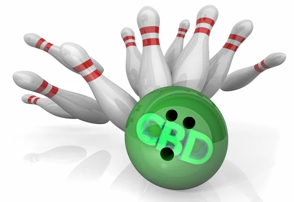 Cbd cannabidiol cannabidiol cannabis bowling ball strike pins 3d illustration — Stockfoto