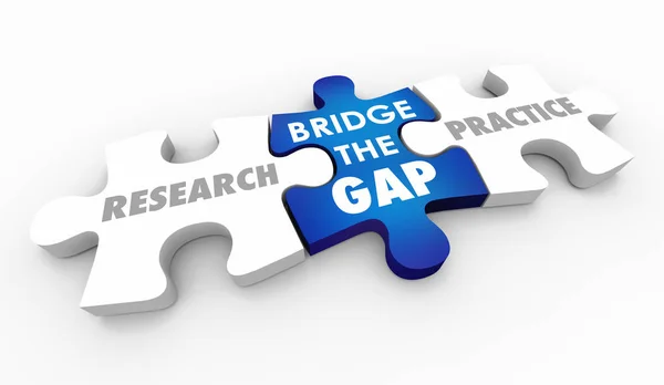 Araştırma ve uygulama Köprüsü Gap puzzle Pieces kelimeler 3D Illustration — Stok fotoğraf