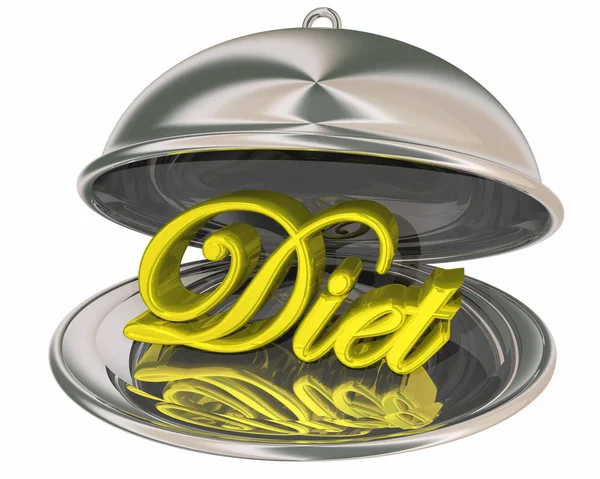Diéta fogyás Eat egészséges táplálkozás Silver Platter Plate Word 3D illusztráció — Stock Fotó