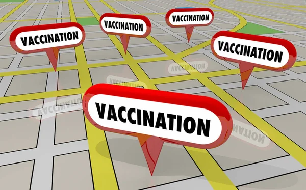 Vaccination Map stift få vaccineras här klinik 3D illustration — Stockfoto