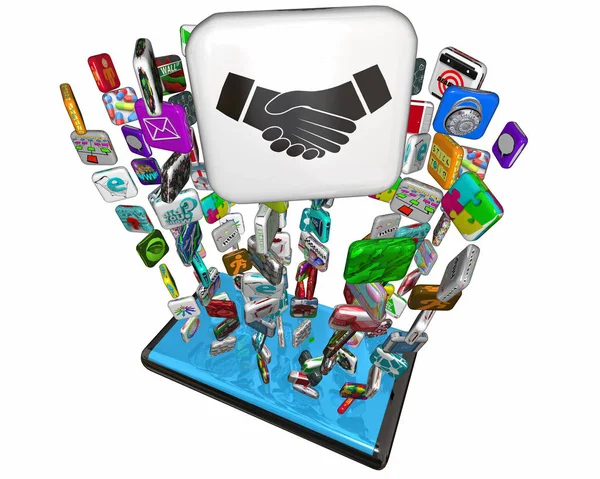 Handshake-overeenkomst schudden handen apps software licentie telefoon 3D illustratie — Stockfoto